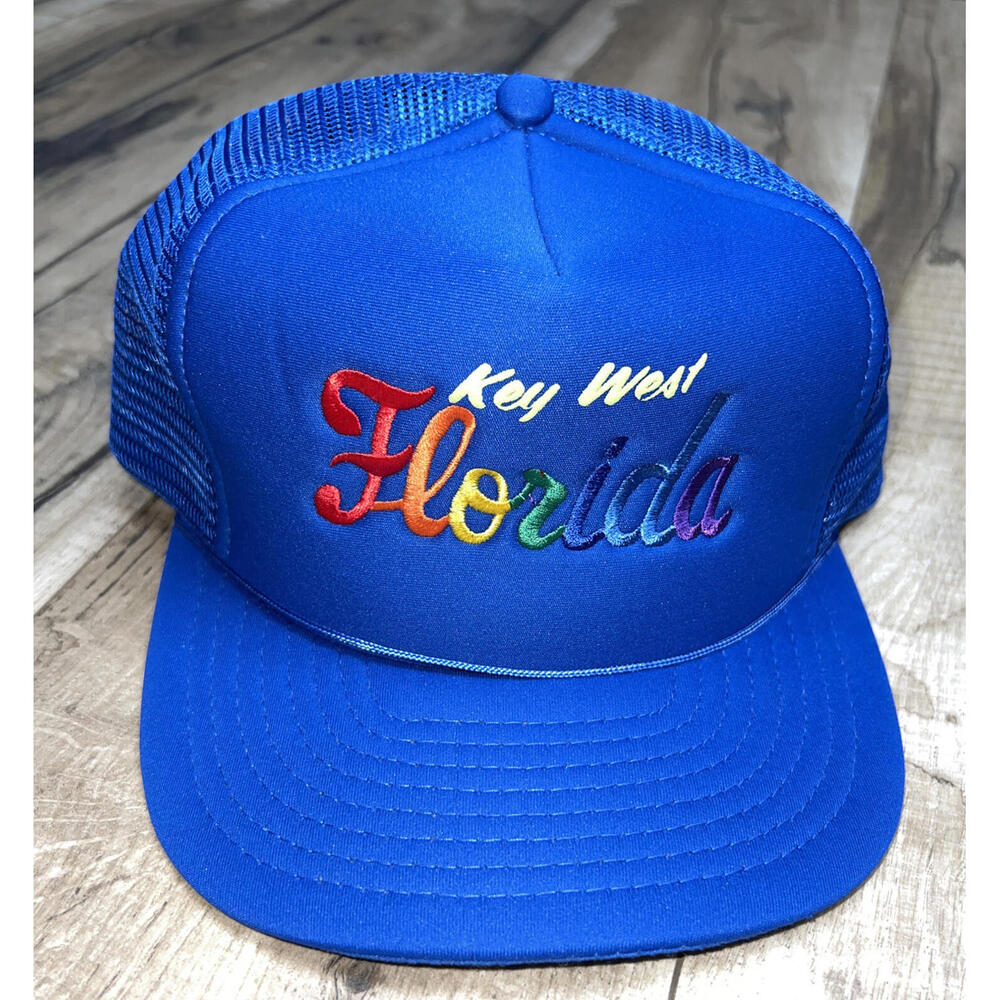 Vintage rainbow key west Florida rope Hat Cap Snapback Trucker Mesh blue .